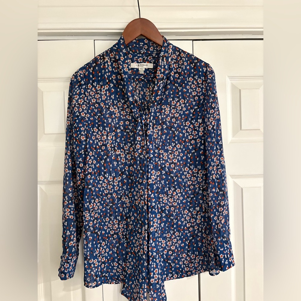 LK Bennett Floral Blue Tie Blouse Size 6